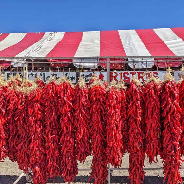 3 and 4 foot Hatch red chile ristras at Farmers Chile Market in Albuquerque