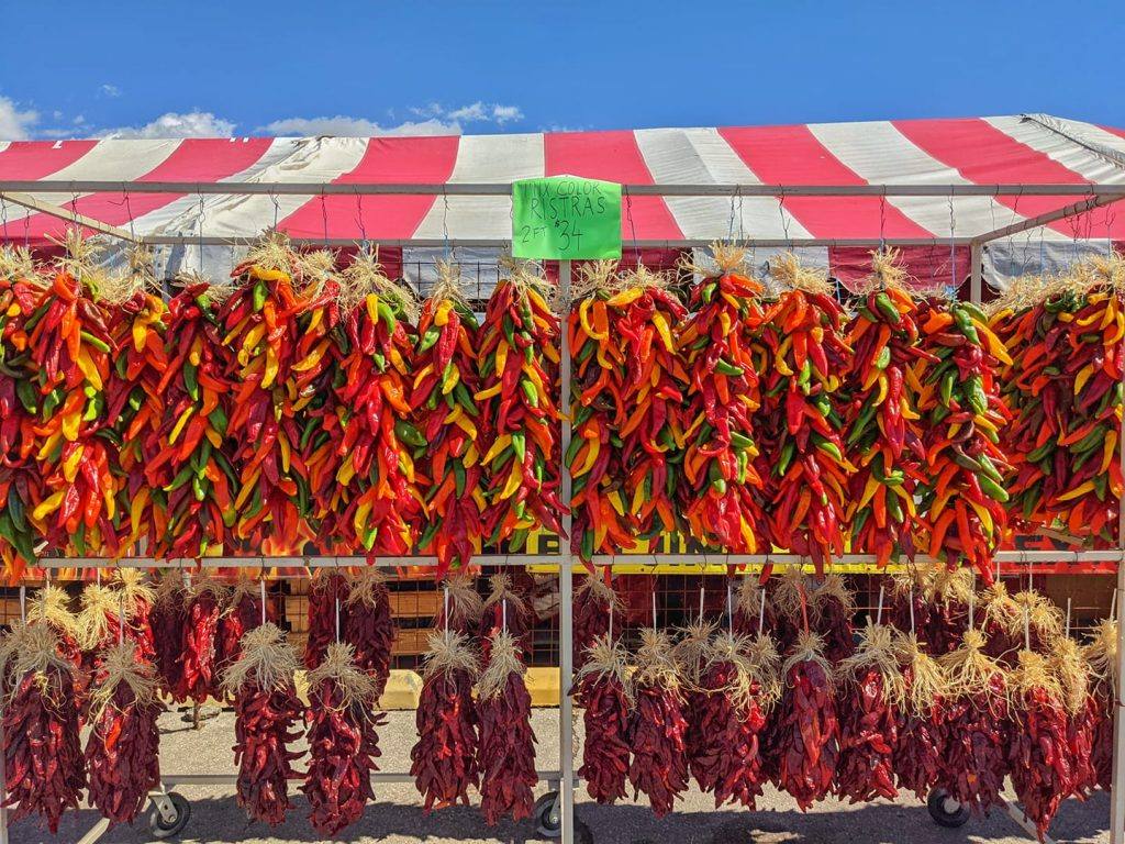 Many different ristras in front of Farmers Chile Market in Albuquerque