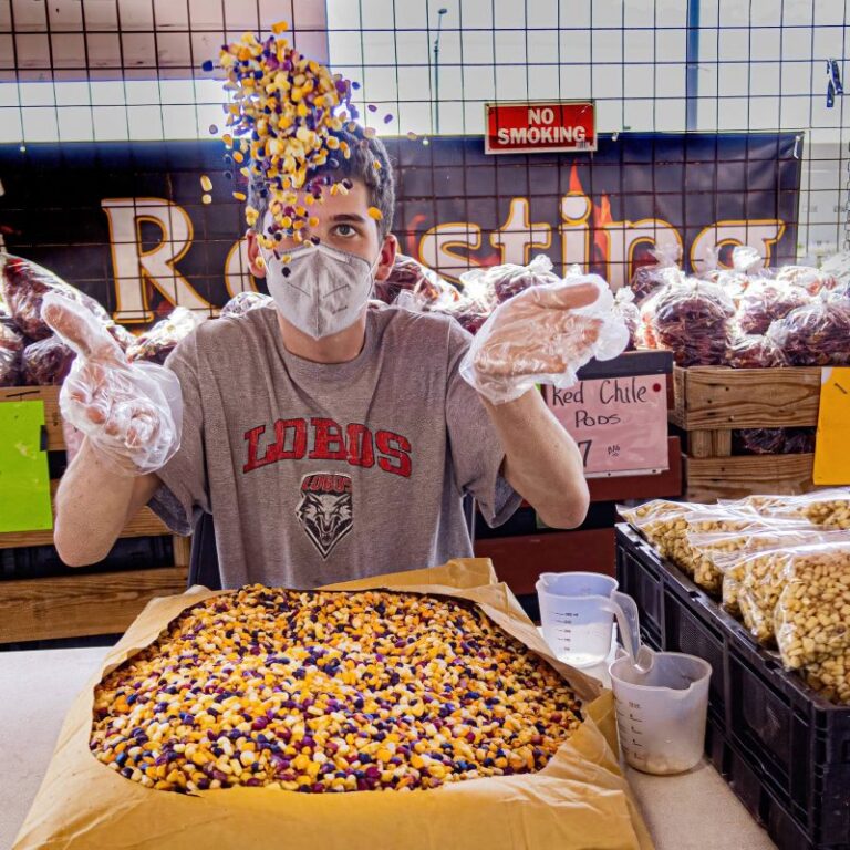 Multicolored New Mexican posole tossed into the air