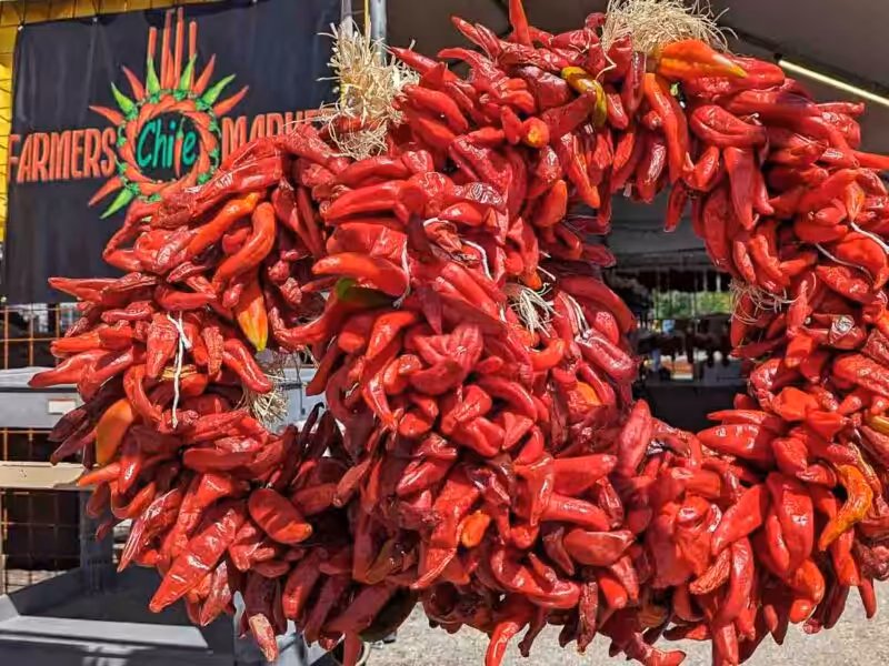 red chile wreaths and farmers chile market logo two Hatch red chile wreaths in front of Farmers Chile Market in Albuquerque, NM