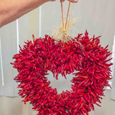 a hatch red chile pequin ristra heart being held by hand