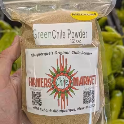 a 12 ounce bag of Farmers Chile Market Hatch green chile powder