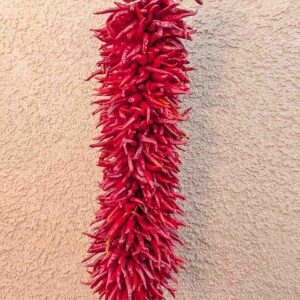 a 2 ft hatch pequin chile ristra in front of New Mexican adobe building
